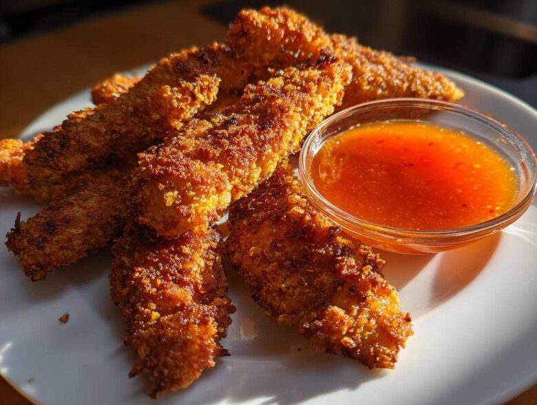 A plate of golden brown Crispy Chicken Tenders served next to a small bowl of bright orange Spicy Honey Dip.