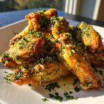 Close-up of golden brown Crispy Chicken Wings with Garlic Parmesan Sauce, garnished heavily with fresh parsley.