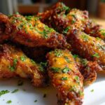 A pile of golden brown, crispy chicken wings coated in garlic parmesan sauce and sprinkled with fresh parsley.