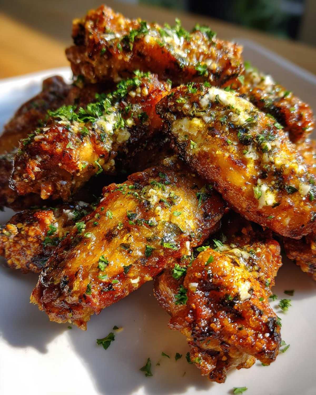 A pile of golden brown, crispy chicken wings coated in a glossy Garlic Parmesan Sauce and topped with fresh parsley.