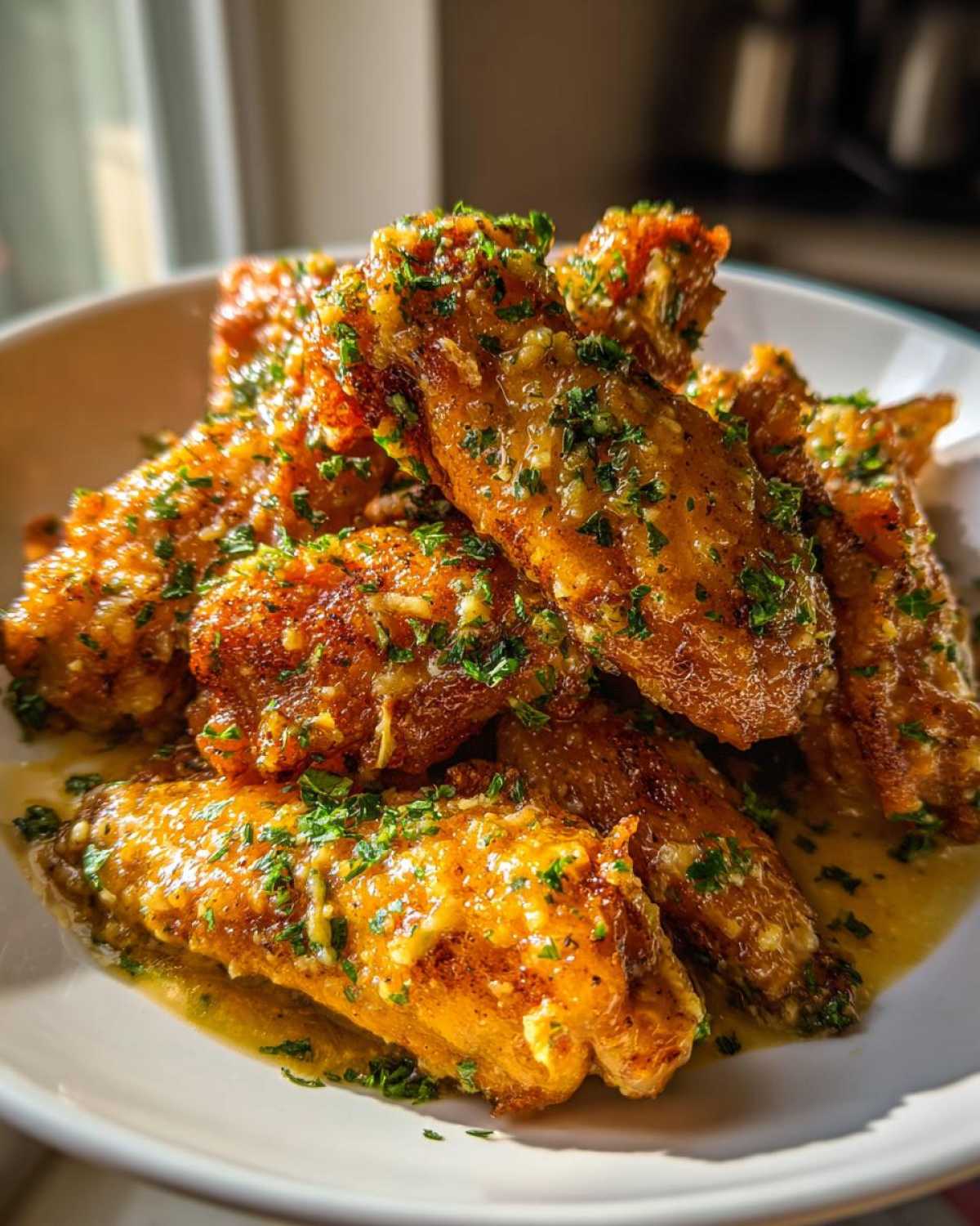 A pile of golden brown, crispy chicken wings coated in a glistening Garlic Parmesan Sauce and sprinkled with fresh parsley.