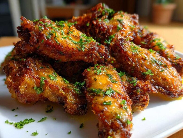 A pile of golden brown, crispy chicken wings coated in garlic parmesan sauce and sprinkled with fresh parsley.