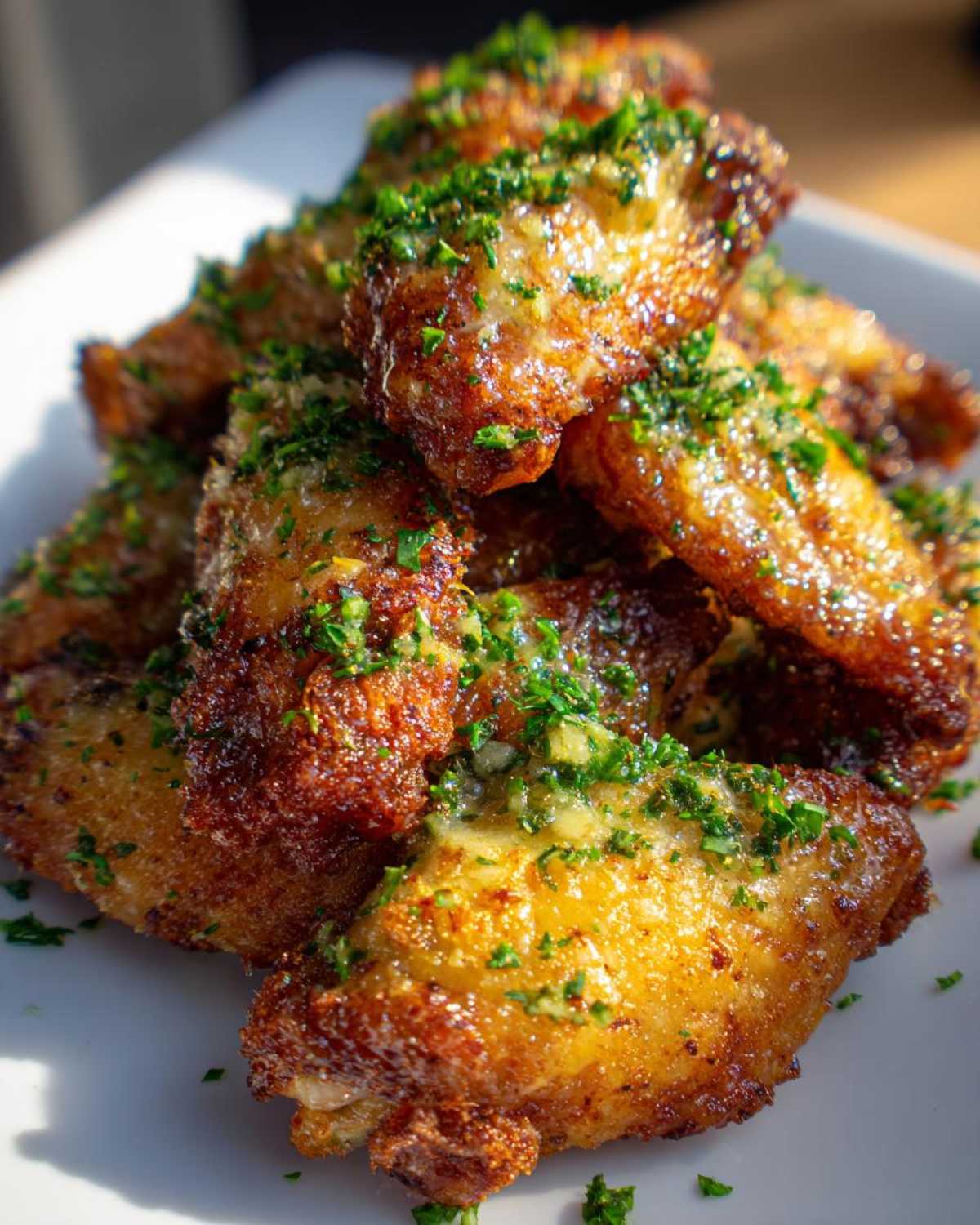 A close-up of piled Crispy Chicken Wings with Garlic Parmesan Sauce, topped with fresh parsley.