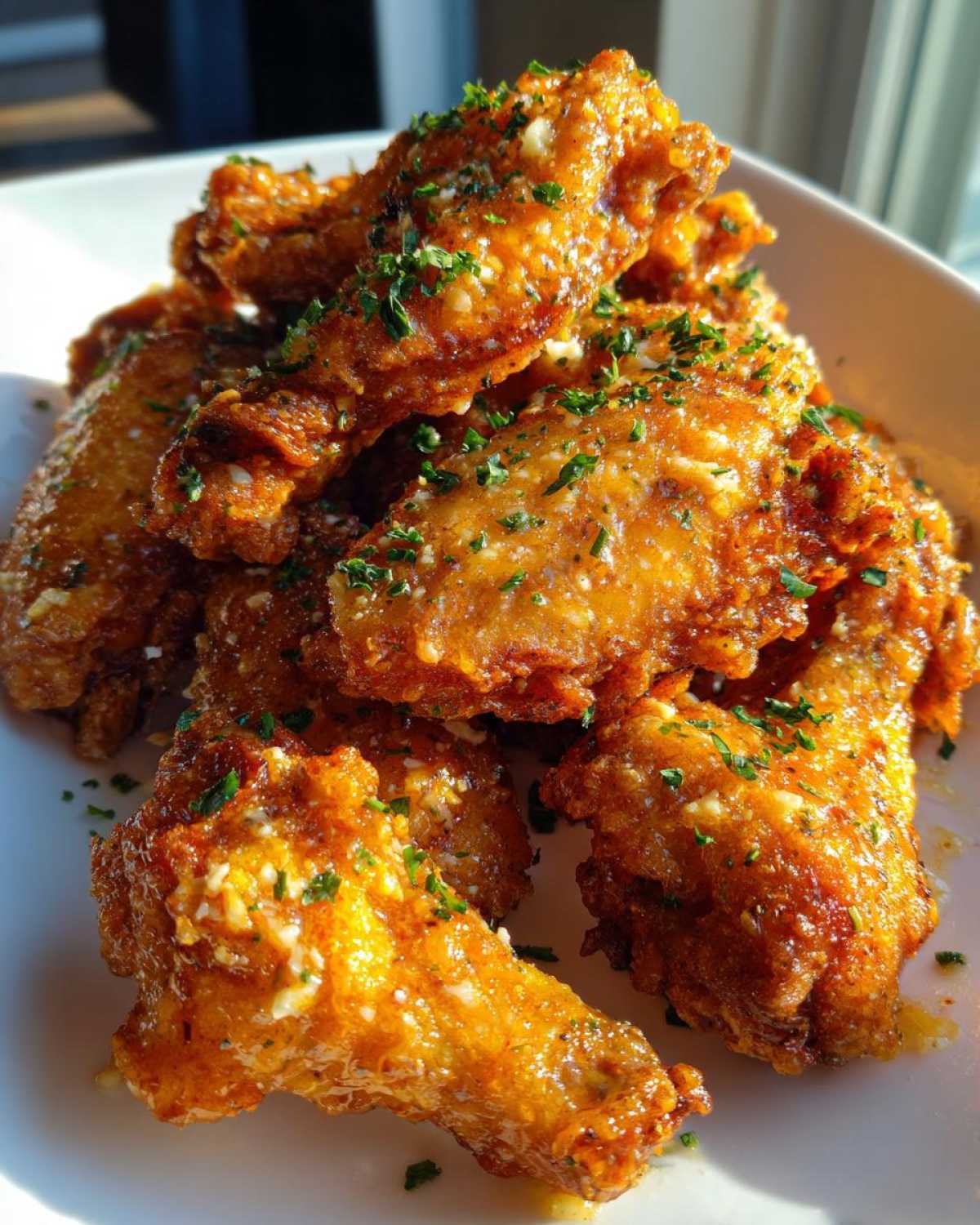 A pile of golden brown, crispy chicken wings coated in glossy Garlic Parmesan Sauce and sprinkled with fresh parsley.
