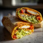 Close-up of a Crispy Chicken Wrap with Creamy Avocado Sauce cut in half, showing crispy chicken, lettuce, and tomatoes.