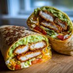 Cross-section of a Crispy Chicken Wrap with Creamy Avocado Sauce, showing fried chicken, lettuce, tomato, and cheese.