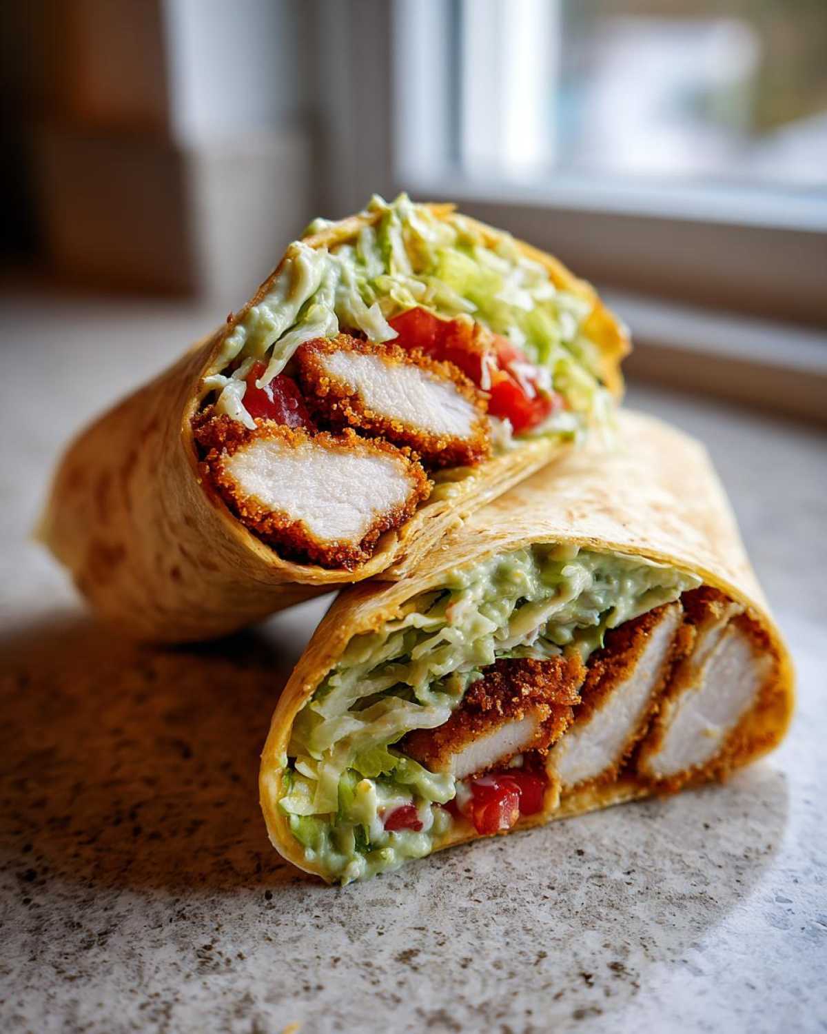 A Crispy Chicken Wrap with Creamy Avocado Sauce cut in half, showing crispy chicken, lettuce, and tomatoes.