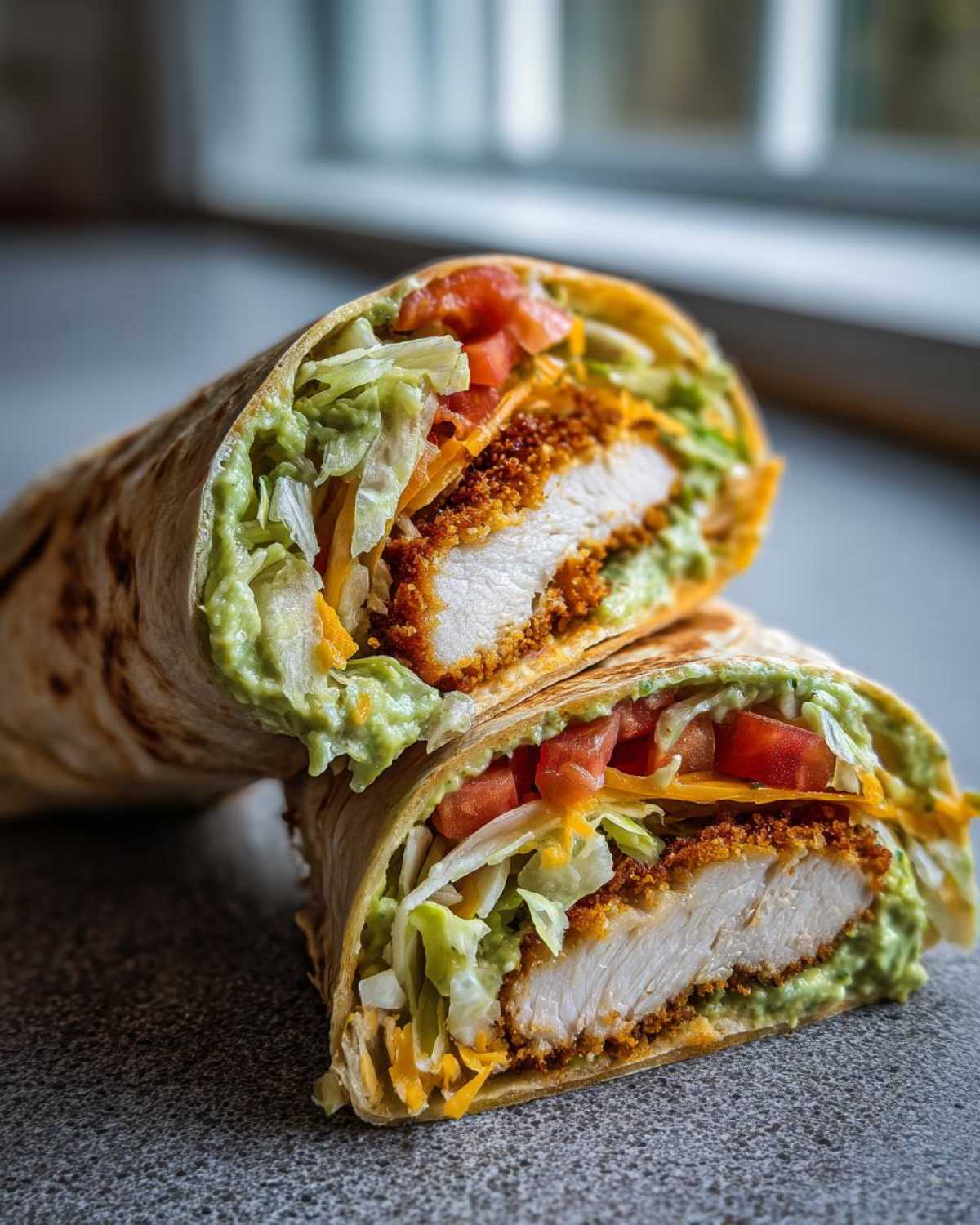 A Crispy Chicken Wrap cut in half showing crispy chicken, lettuce, tomato, cheese, and creamy avocado sauce.