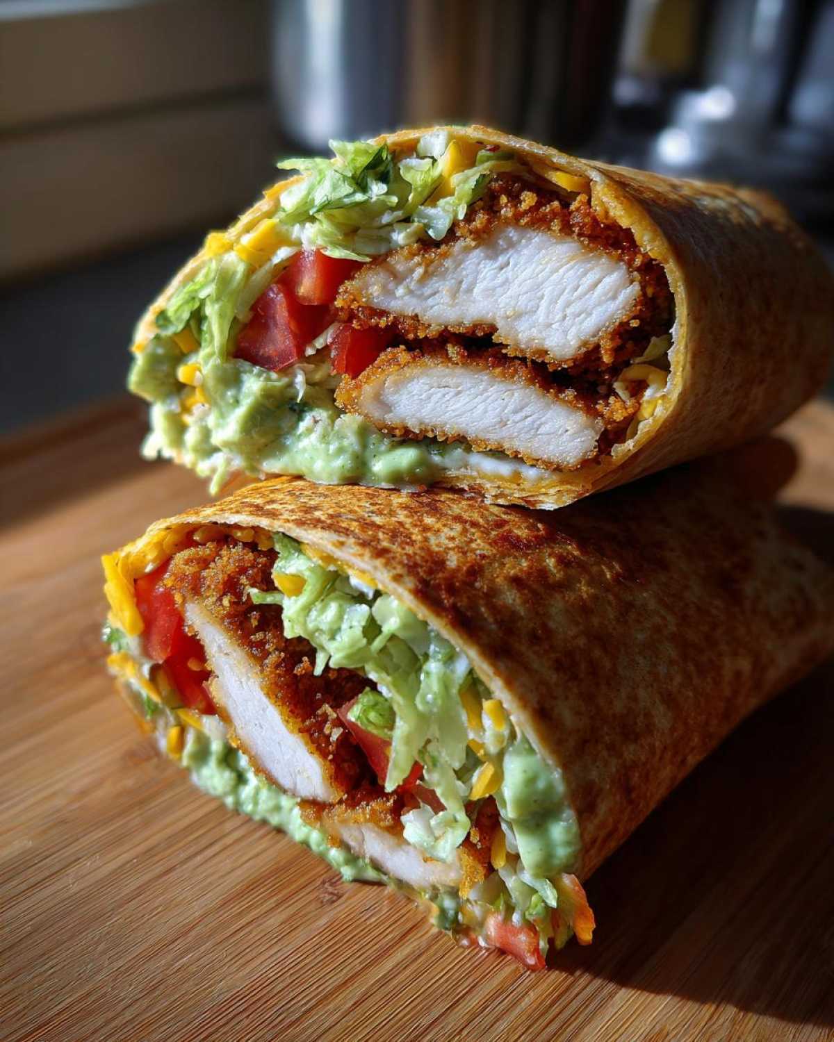 A Crispy Chicken Wrap with Creamy Avocado Sauce cut in half, showing crispy chicken, lettuce, tomato, and cheese.