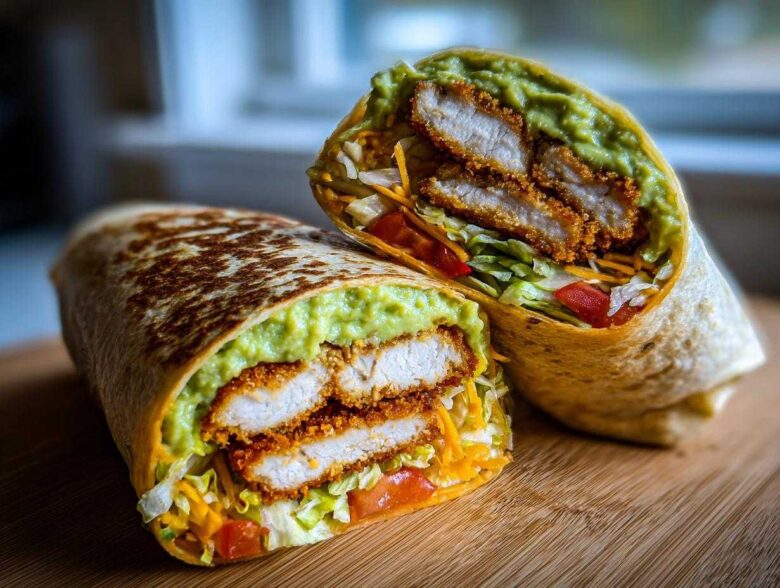 Cross-section of a Crispy Chicken Wrap with Creamy Avocado Sauce, showing fried chicken, lettuce, tomato, and cheese.