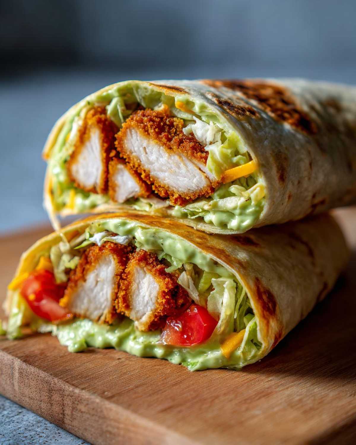Two halves of a Crispy Chicken Wrap with Creamy Avocado Sauce stacked on a wooden board, showing crispy chicken, lettuce, and tomatoes.