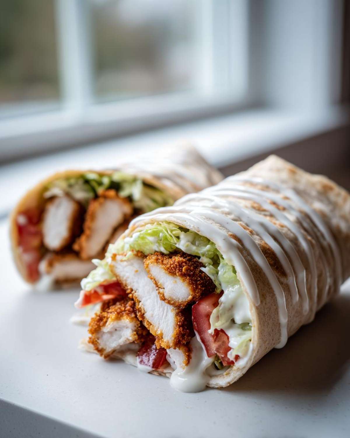 Two halves of a Crispy Chicken Wrap with Creamy Garlic Sauce, showing crispy chicken, lettuce, tomato, and sauce drizzle.