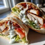 Close-up of a Crispy Chicken Wrap with Creamy Garlic Sauce cut in half, showing crispy chicken, lettuce, and sauce.