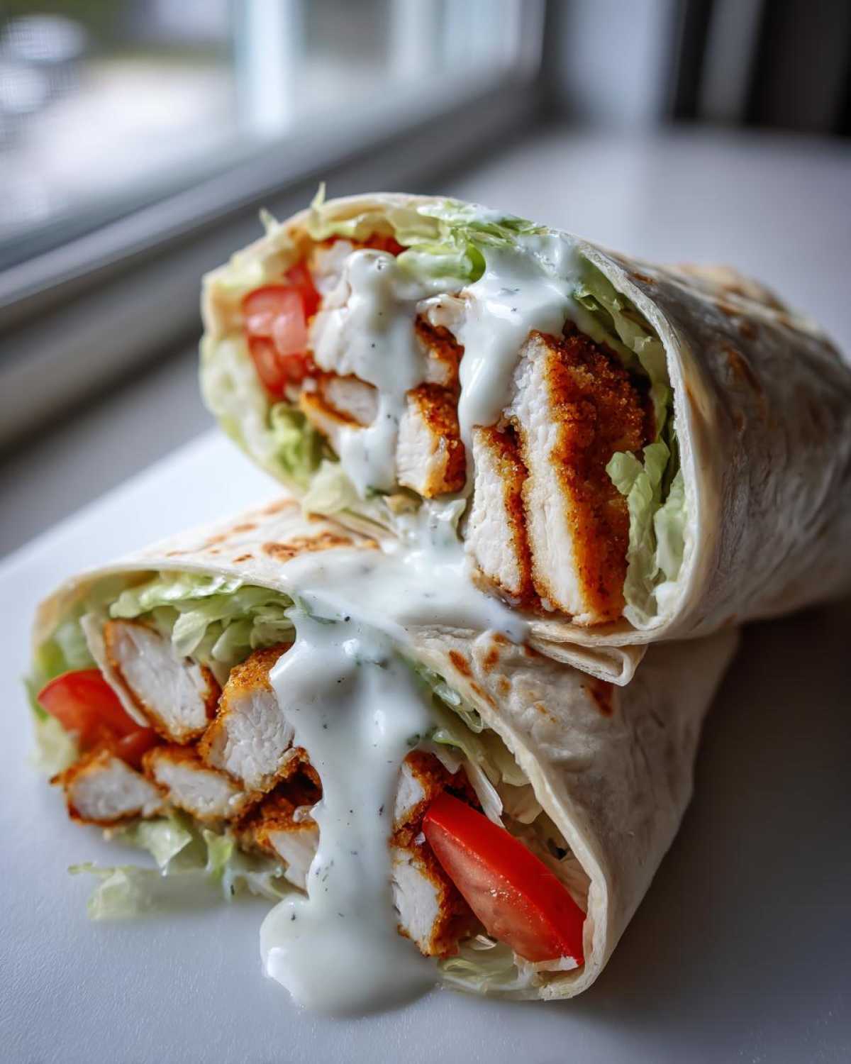 A Crispy Chicken Wrap with Creamy Garlic Sauce cut in half, showing crispy chicken strips, lettuce, and tomato drizzled with sauce.