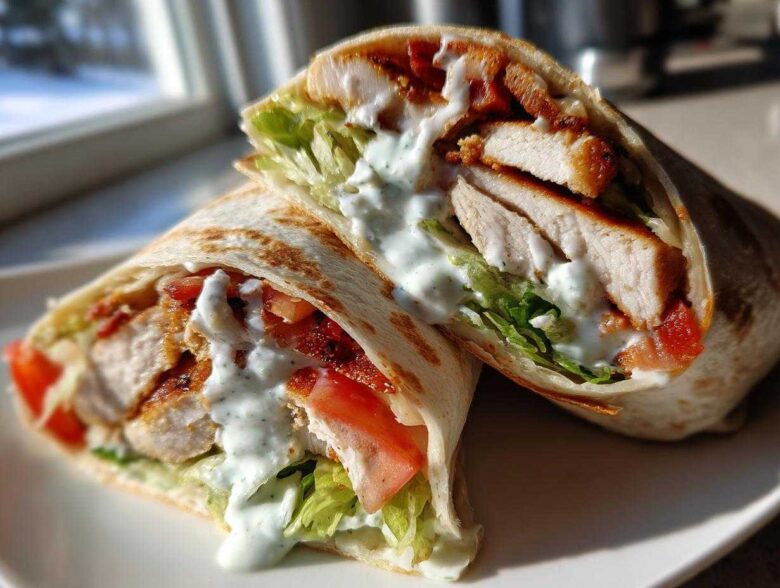 Close-up of a Crispy Chicken Wrap with Creamy Garlic Sauce cut in half, showing crispy chicken, lettuce, and sauce.