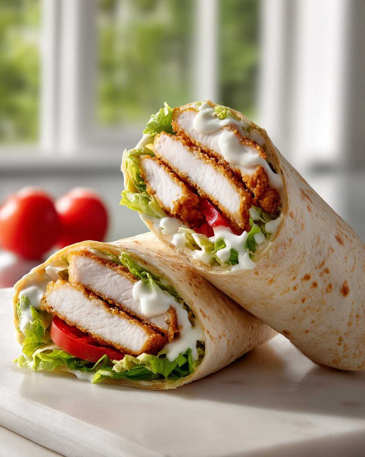 Two halves of a Crispy Chicken Wrap with Creamy Garlic Sauce, showing crispy chicken, lettuce, and tomato inside a tortilla.