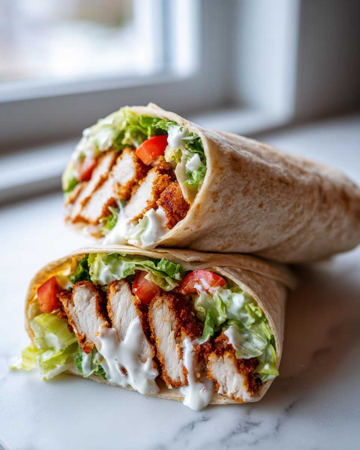 Two halves of a Crispy Chicken Wrap with Creamy Garlic Sauce, showing crispy chicken, lettuce, and tomatoes.