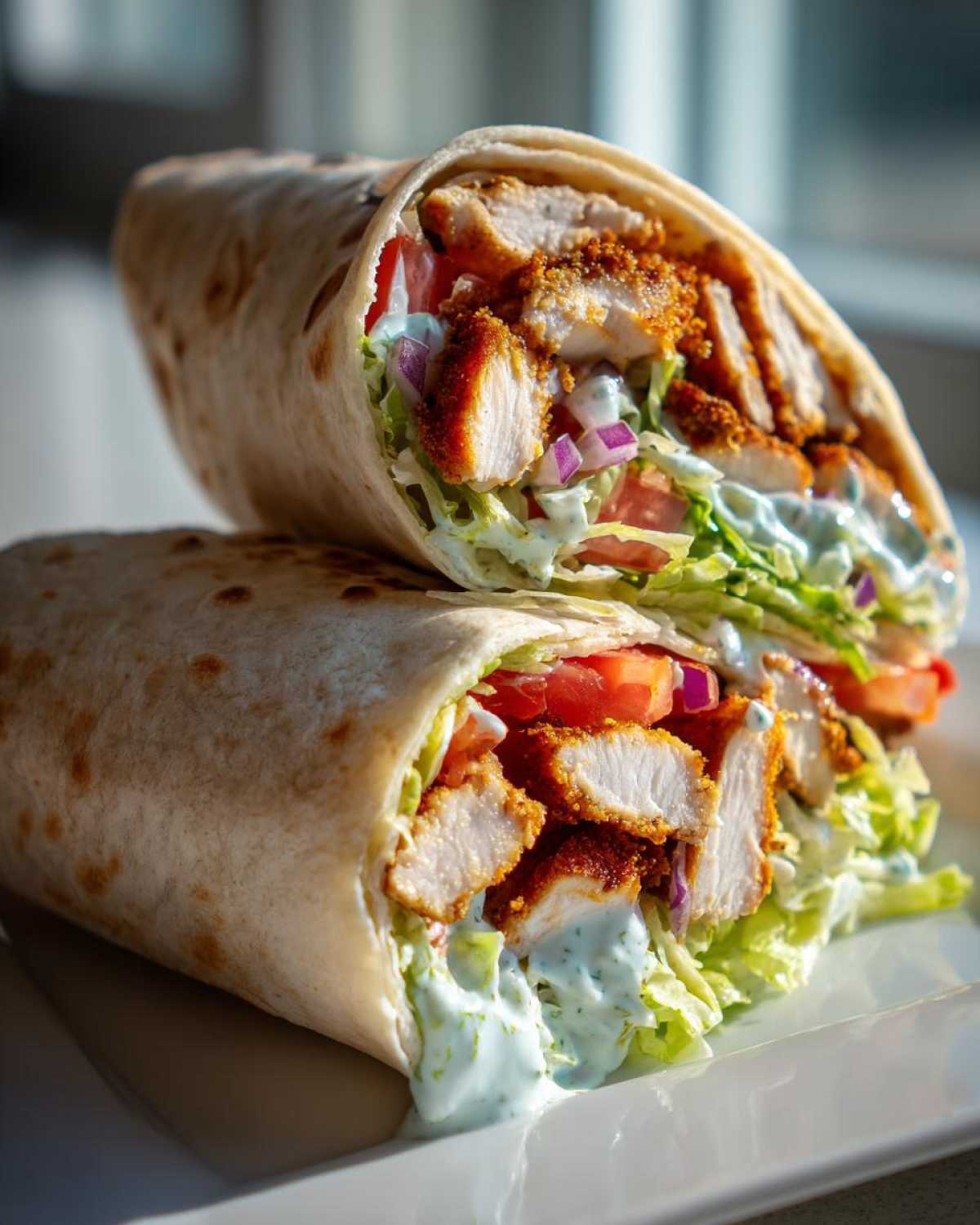 A cross-section view of a Crispy Chicken Wrap with Creamy Ranch Sauce, showing crispy chicken, lettuce, tomato, and dripping sauce.