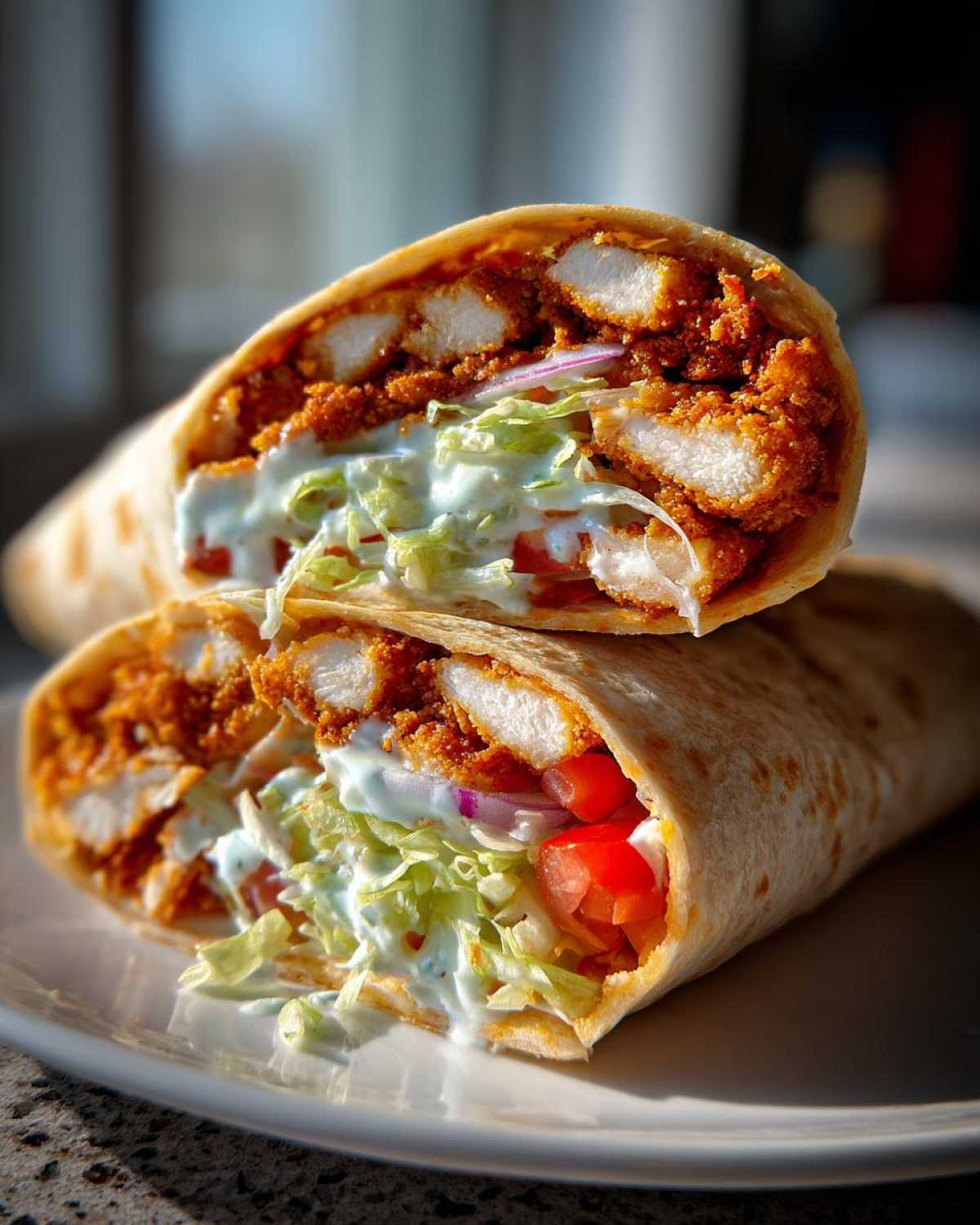 Two halves of a Crispy Chicken Wrap with Creamy Ranch Sauce, showing breaded chicken, lettuce, tomato, and sauce.