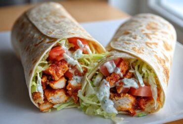 Two halves of a Crispy Chicken Wrap with Creamy Ranch Sauce, showing seasoned chicken, lettuce, and tomatoes.