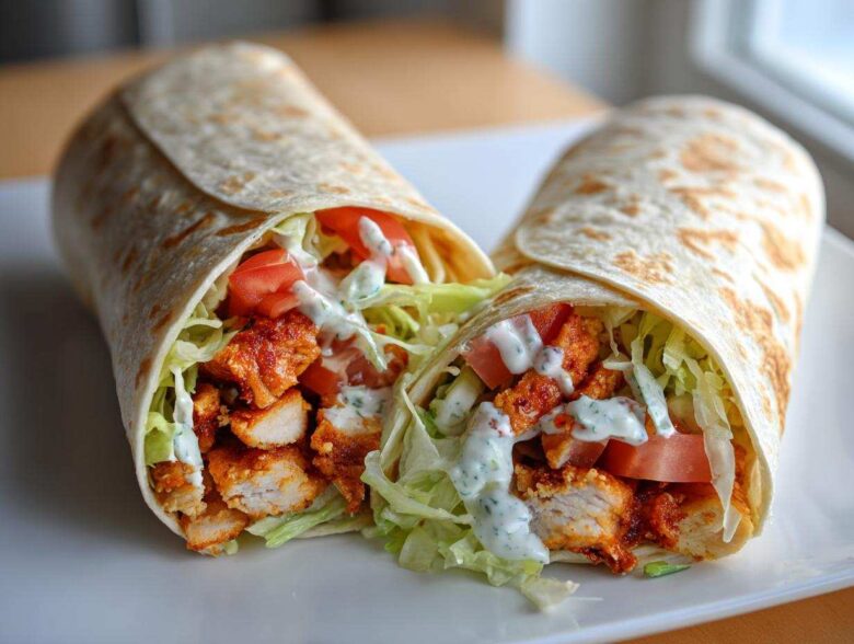 Two halves of a Crispy Chicken Wrap with Creamy Ranch Sauce, showing seasoned chicken, lettuce, and tomatoes.