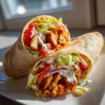 Two halves of a Crispy Chicken Wrap with Creamy Ranch Sauce, showing crispy chicken, lettuce, tomato, and red onion.