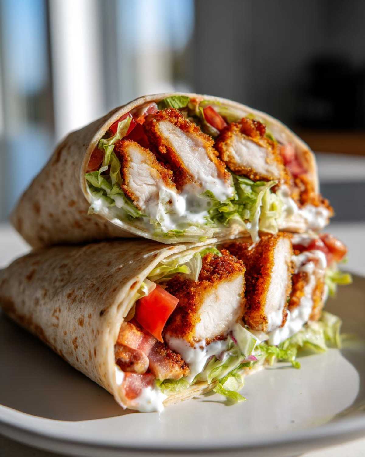 Two halves of a Crispy Chicken Wrap with Creamy Ranch Sauce stacked on a white plate, showing crispy chicken pieces, lettuce, and sauce.