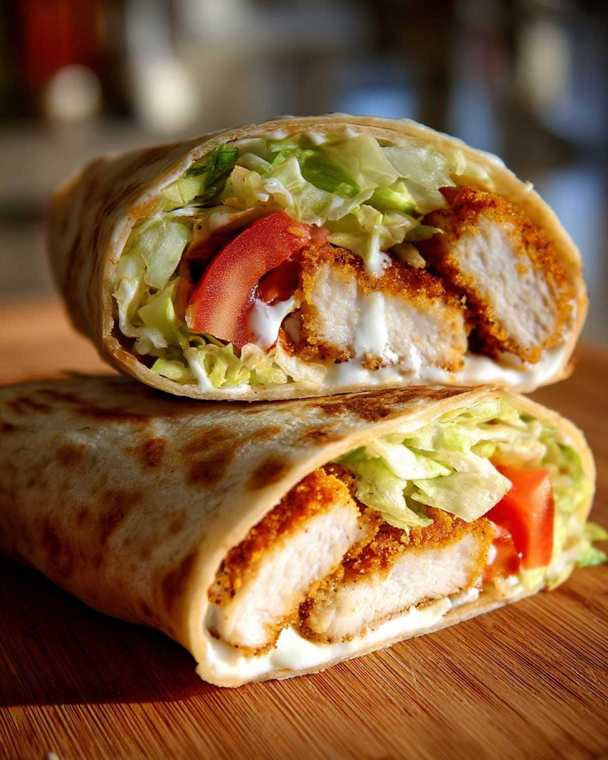 Two halves of a Crispy Chicken Wrap with Ranch Sauce stacked, showing crispy chicken, lettuce, tomato, and white sauce.