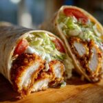 A close-up, cross-section view of a Crispy Chicken Wrap with Ranch Sauce, showing crispy chicken, lettuce, and tomato in a tortilla.