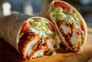 A close-up, cross-section view of a Crispy Chicken Wrap with Ranch Sauce, showing crispy chicken, lettuce, and tomato in a tortilla.