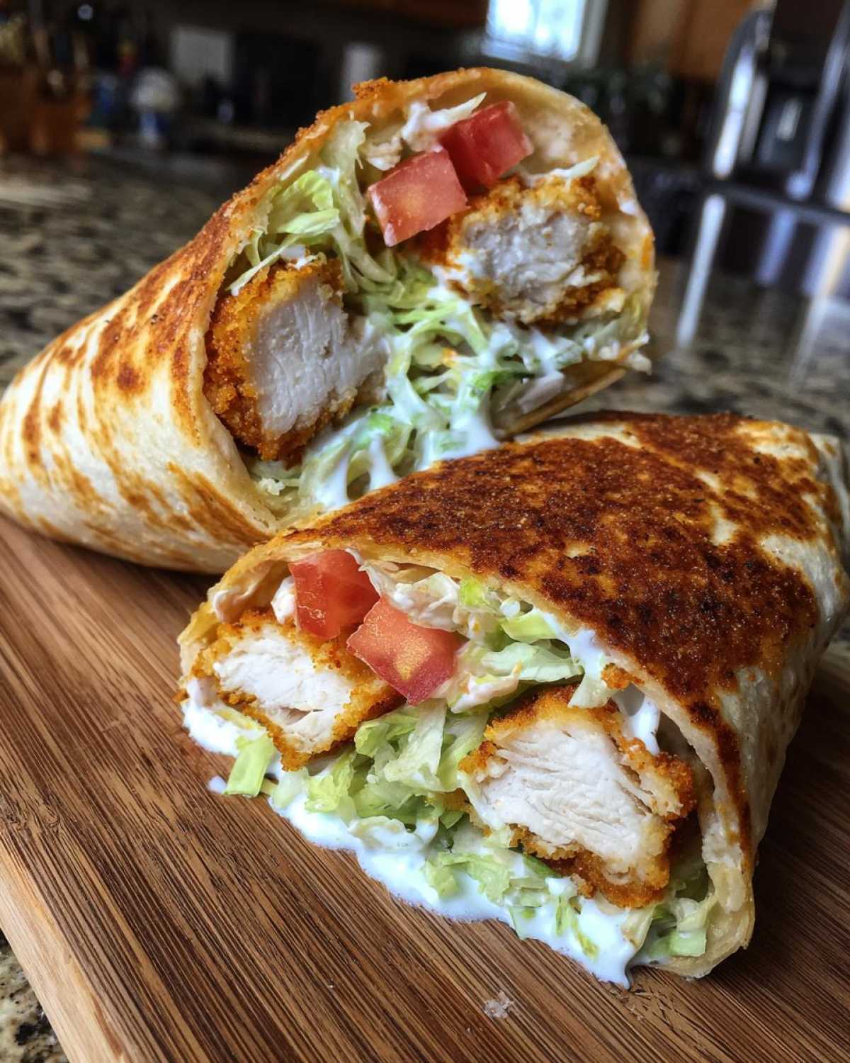 A crispy chicken wrap cut in half, showing crispy chicken, lettuce, tomato, and ranch sauce filling.