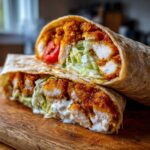 Two halves of a Crispy Chicken Wrap with Ranch Sauce showing crispy chicken, lettuce, tomato, and creamy sauce inside a tortilla.
