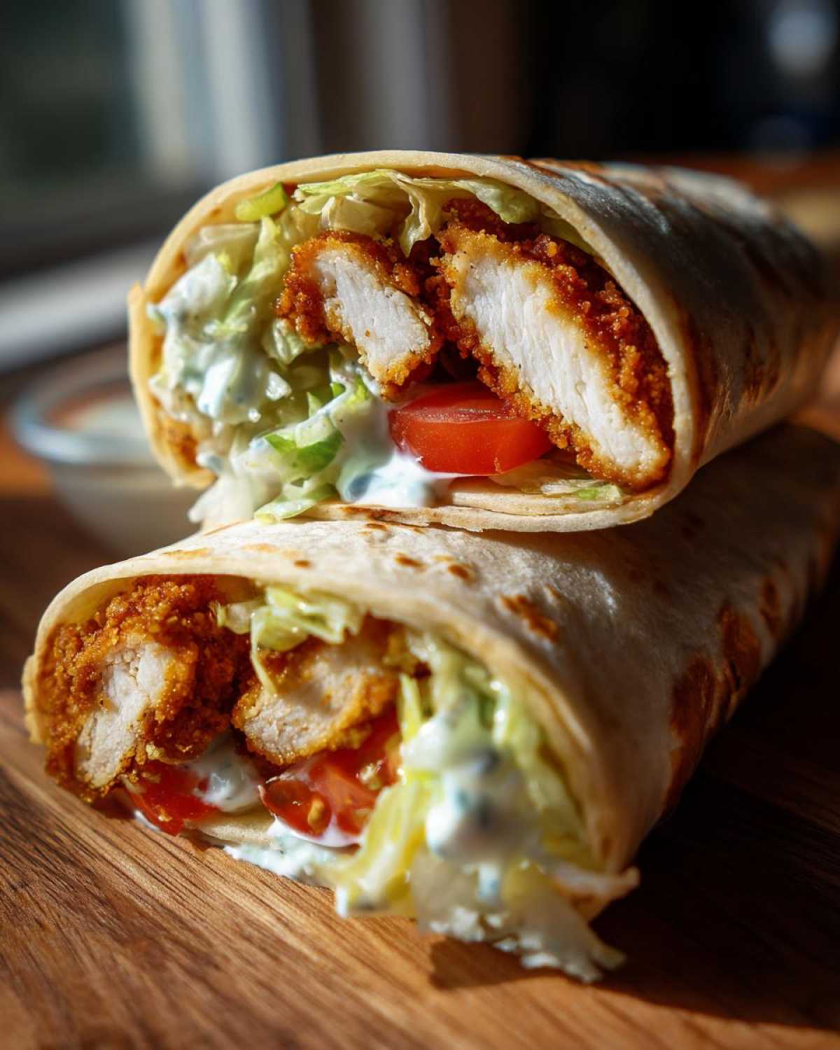 Two halves of a Crispy Chicken Wrap with Ranch Sauce, showing crispy chicken, lettuce, tomato, and creamy sauce inside a tortilla.