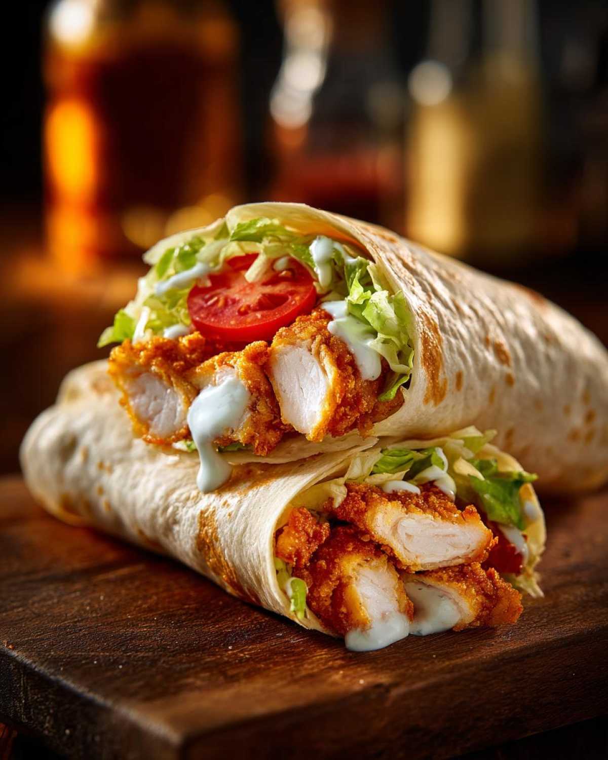 Two halves of a Crispy Chicken Wrap with Ranch Sauce, showing crispy chicken, lettuce, tomato, and ranch sauce inside a tortilla.