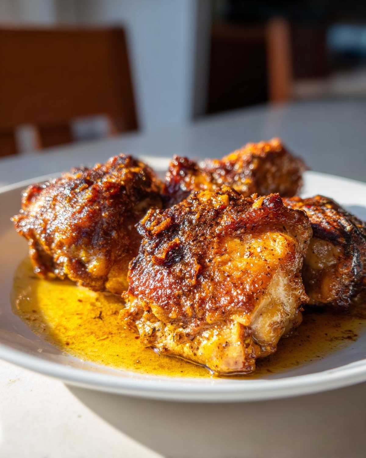 Close-up of four perfectly cooked Garlic Butter Chicken Thighs with crispy, browned skin resting in a pool of melted butter sauce.