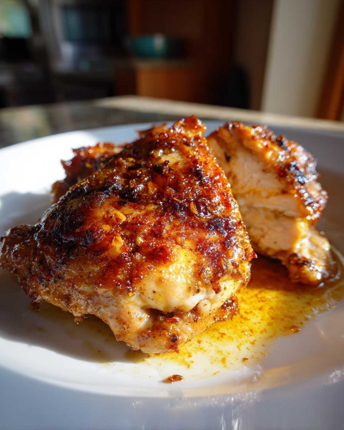 Close-up of juicy Garlic Butter Chicken Thighs with perfectly crispy, browned skin resting in butter sauce.