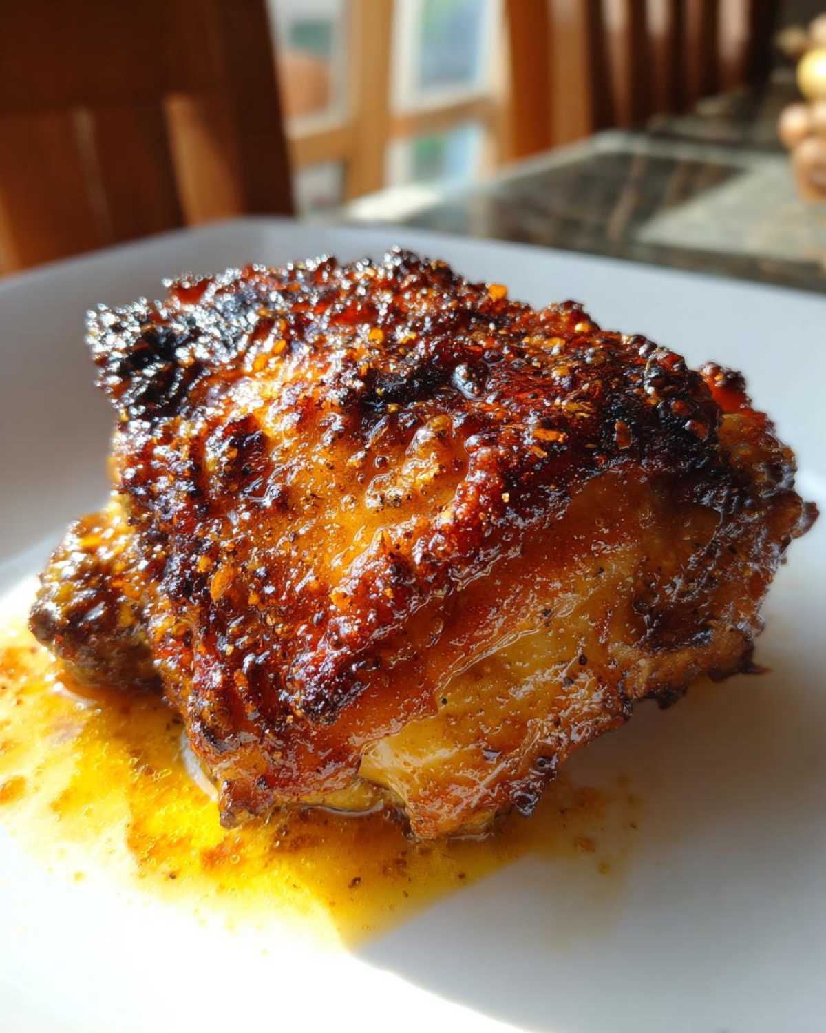 Close-up of a perfectly cooked Garlic Butter Chicken Thighs with deeply browned, crispy, and glistening skin resting in butter sauce.