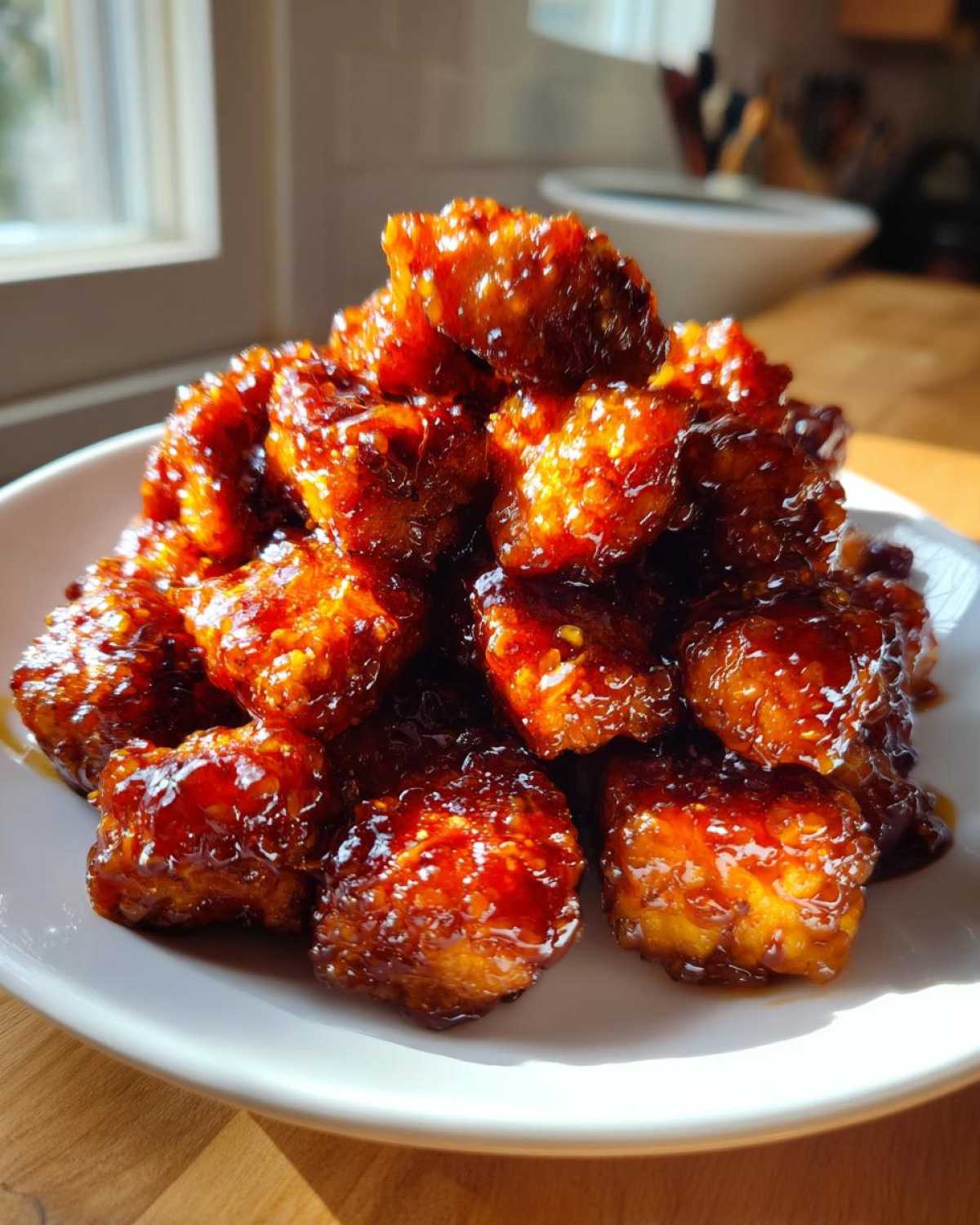 A close-up shot of a mound of Crispy Honey Butter Chicken Bites, glistening with a thick, dark honey butter glaze.