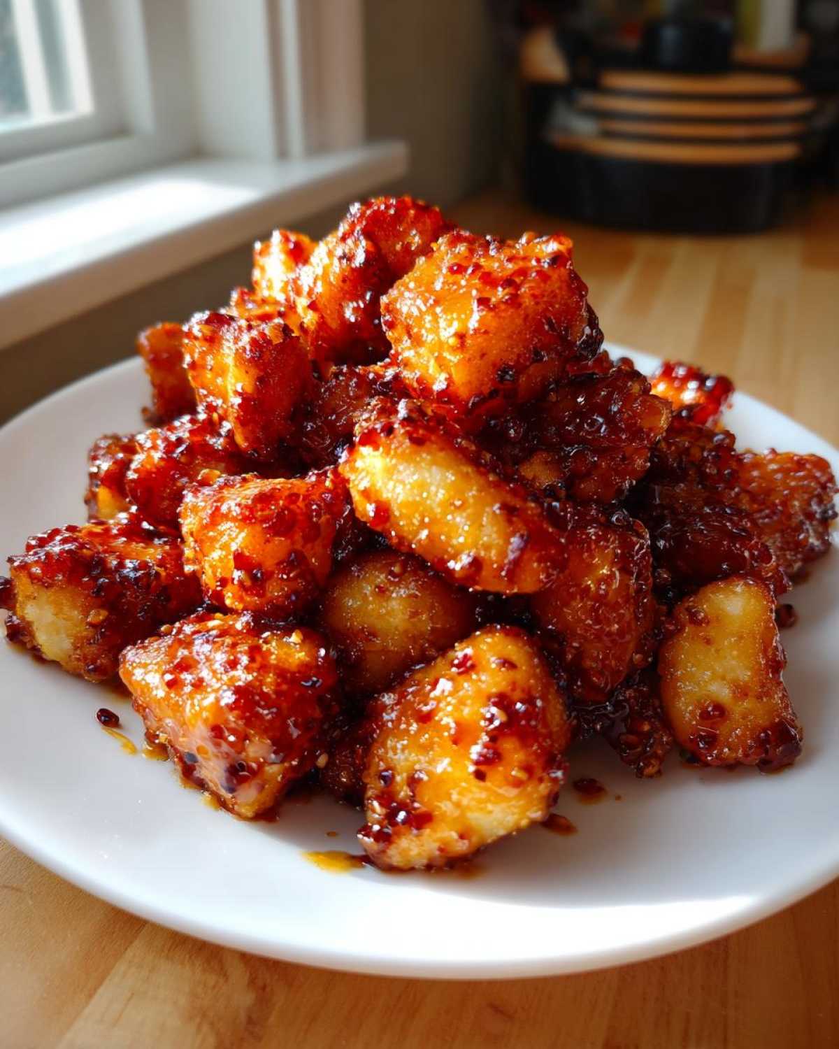 A mound of golden and juicy Crispy Honey Butter Chicken Bites piled high on a white plate, glistening with a sweet and spicy glaze.