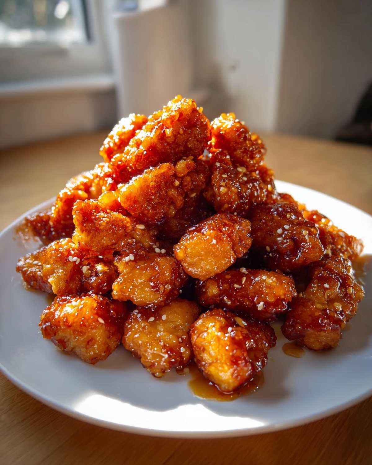 A mound of Crispy Honey Butter Chicken Bites, coated in a glossy sauce and sprinkled with sesame seeds, served on a white plate.