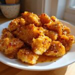 A plate piled high with Crispy Honey Butter Chicken Bites, glazed and sprinkled with sesame seeds and chili flakes.