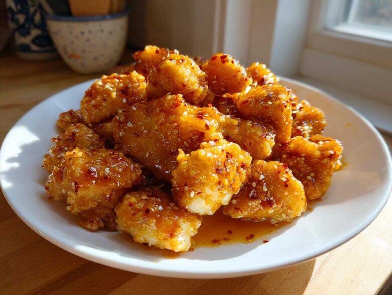 A plate piled high with Crispy Honey Butter Chicken Bites, glazed and sprinkled with sesame seeds and chili flakes.