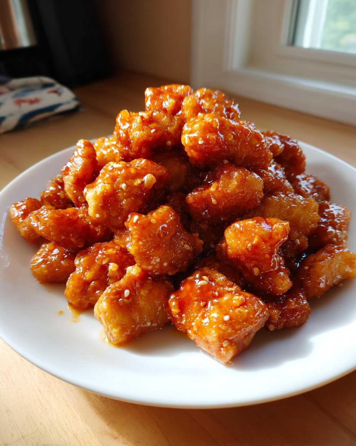 A mound of glistening, golden Crispy Honey Butter Chicken Bites coated in a sticky sauce and sprinkled with sesame seeds.