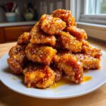 A tall pile of Crispy Honey Butter Chicken Bites coated in a shiny glaze and sprinkled with sesame seeds on a white plate.