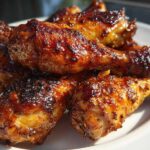 Close-up of several oven-baked Crispy Honey Garlic Chicken Drumsticks with a dark, glossy glaze.