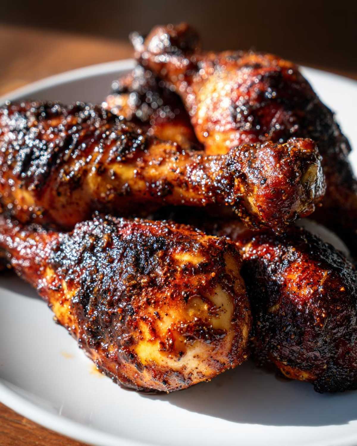 Close-up of several oven-baked Crispy Honey Garlic Chicken Drumsticks with a dark, caramelized glaze.