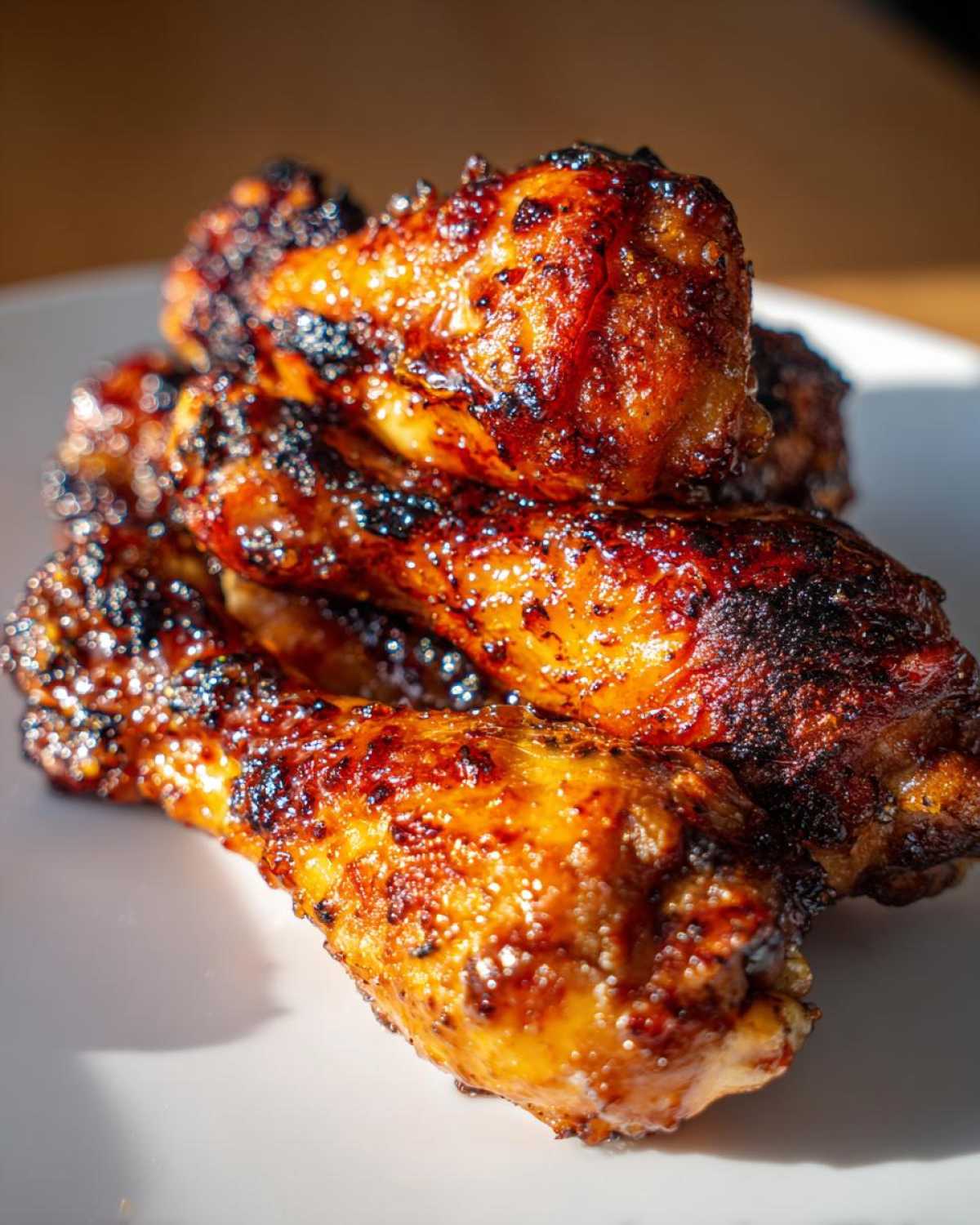 Close-up of several glazed, crispy honey garlic chicken drumsticks oven baked, stacked on a white plate.