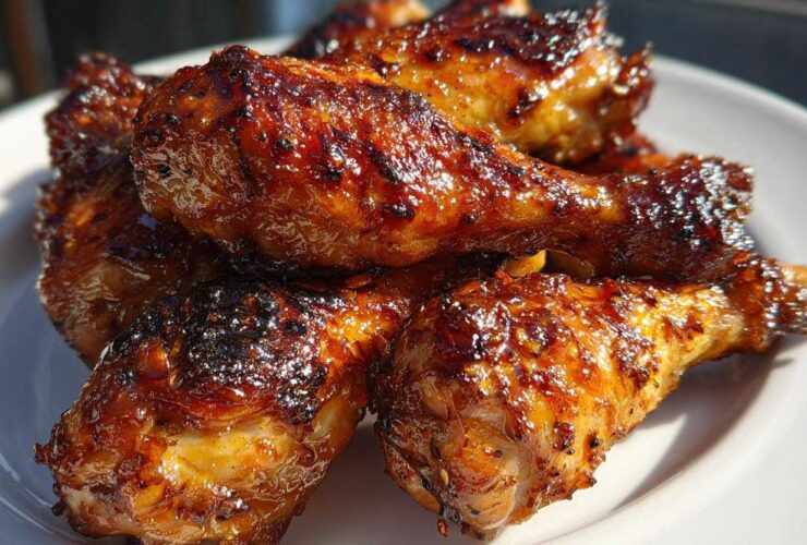 Close-up of several oven-baked Crispy Honey Garlic Chicken Drumsticks with a dark, glossy glaze.
