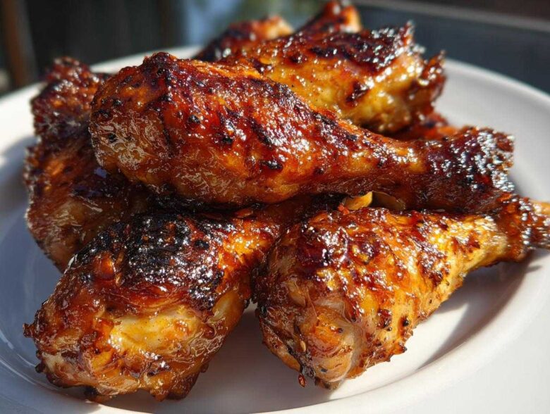 Close-up of several oven-baked Crispy Honey Garlic Chicken Drumsticks with a dark, glossy glaze.