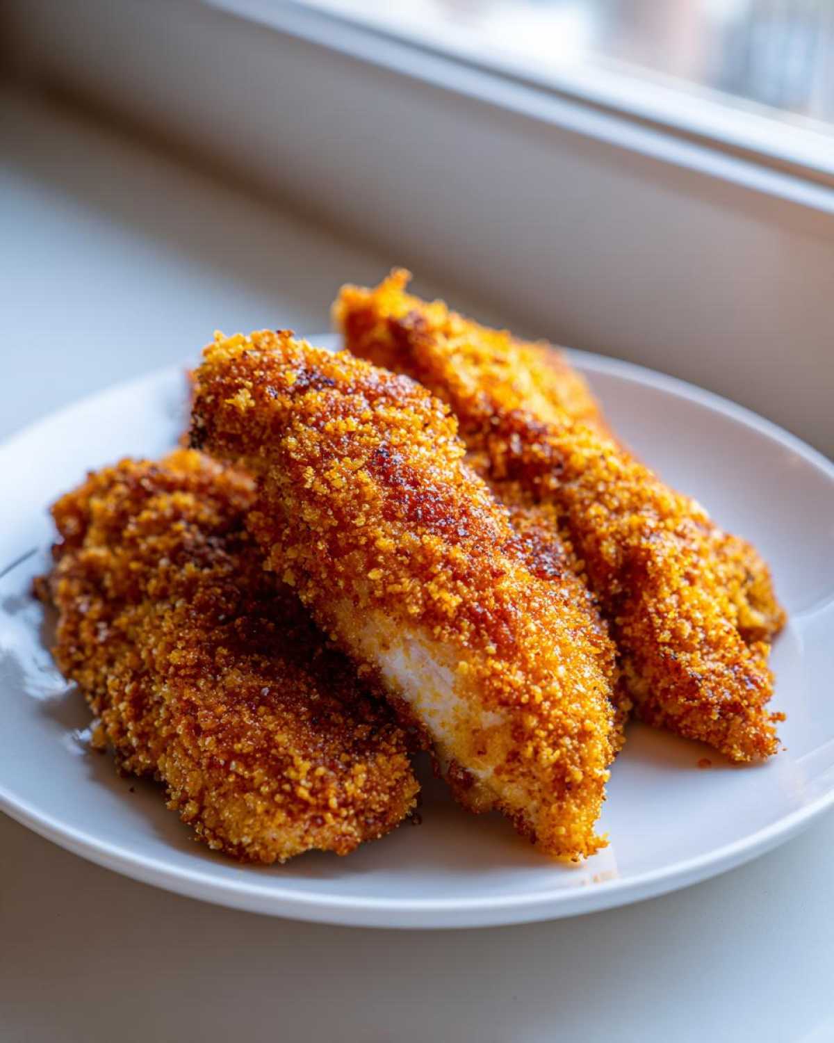 Close-up of several golden brown Crispy Oven Baked Chicken Tenders on a white plate, showing a crunchy coating.